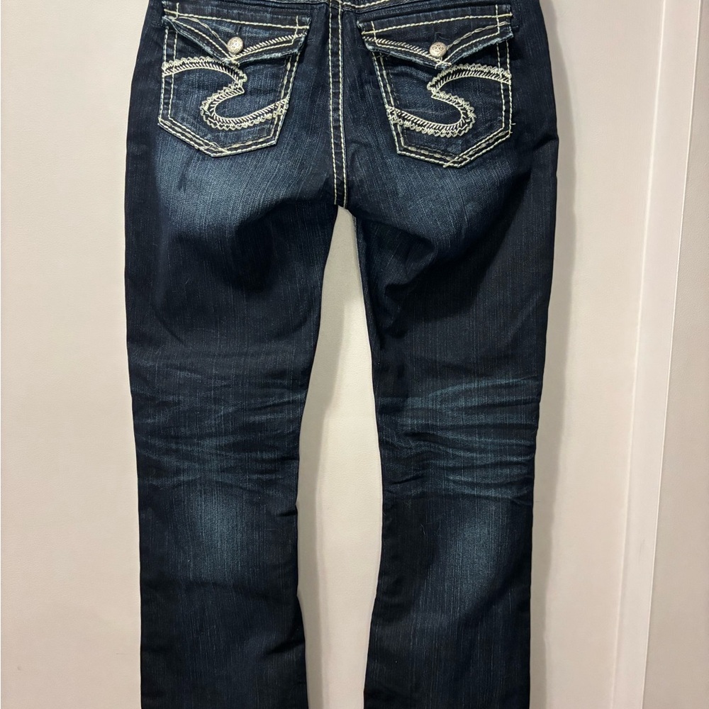 Silver Jeans Natsuki/Suki Flap Bootcut Jeans Women 32x33 Dark Wash Thick Stitch - Picture 3 of 7